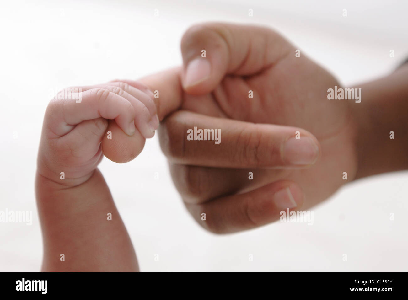 La madre e il bambino la ragazza (0-1 mese) tenendo le dita, Cape Town, Provincia del Capo Occidentale, Sud Africa Foto Stock