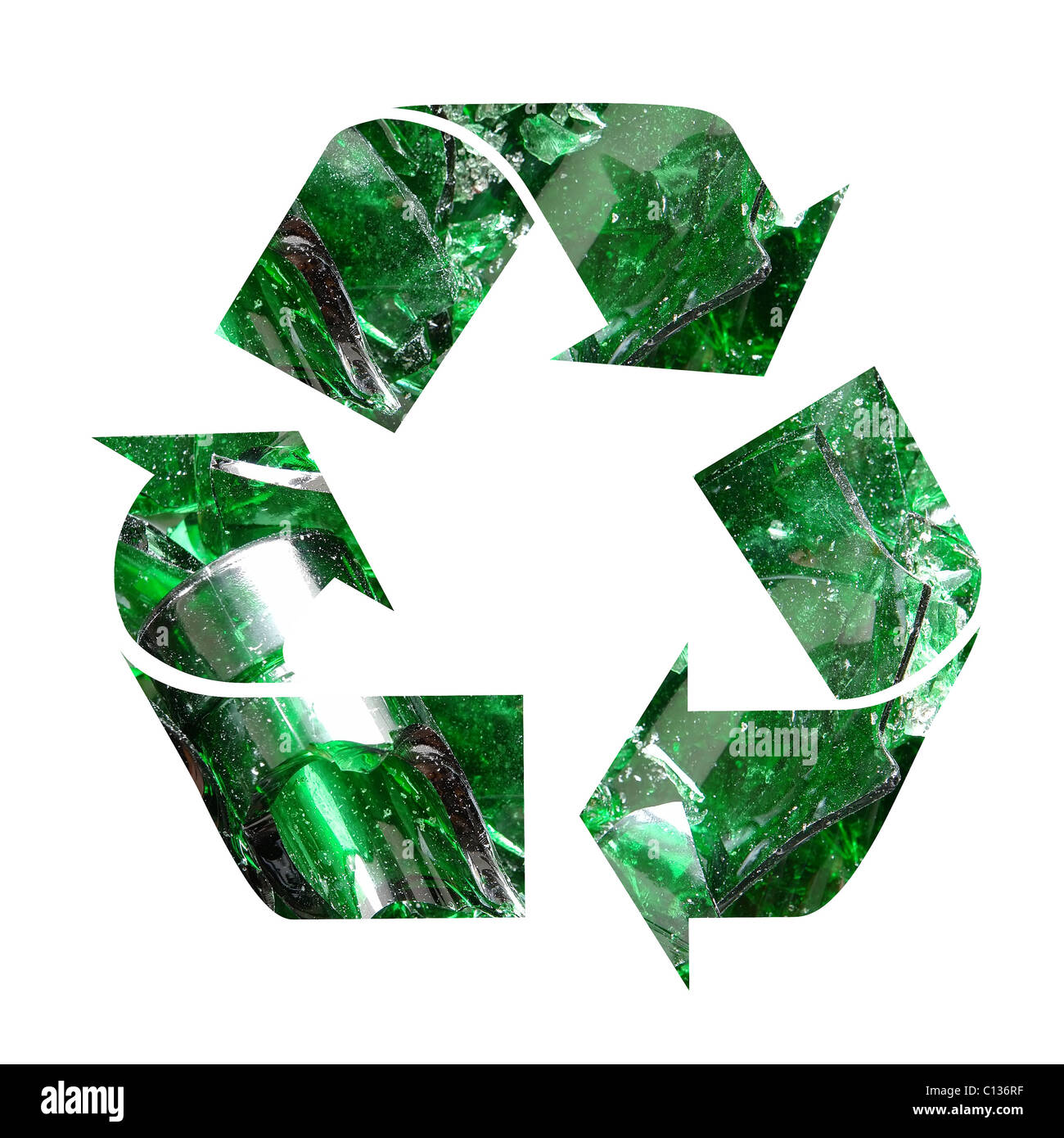 Tre arrow colore vetro simbolo di riciclaggio su sfondo bianco Foto Stock