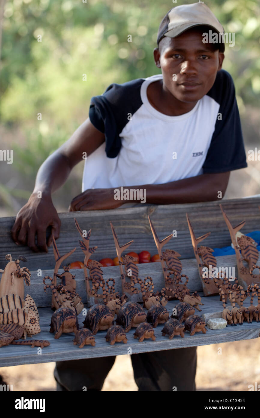 È l'uomo vendita di modelli scolpiti di fauna nativa. Soggetti, anteriore, tartarughe radiate (Astrochelys radiata), in due dimensioni, camaleonti, anello-coda di lemuri. Foto Stock