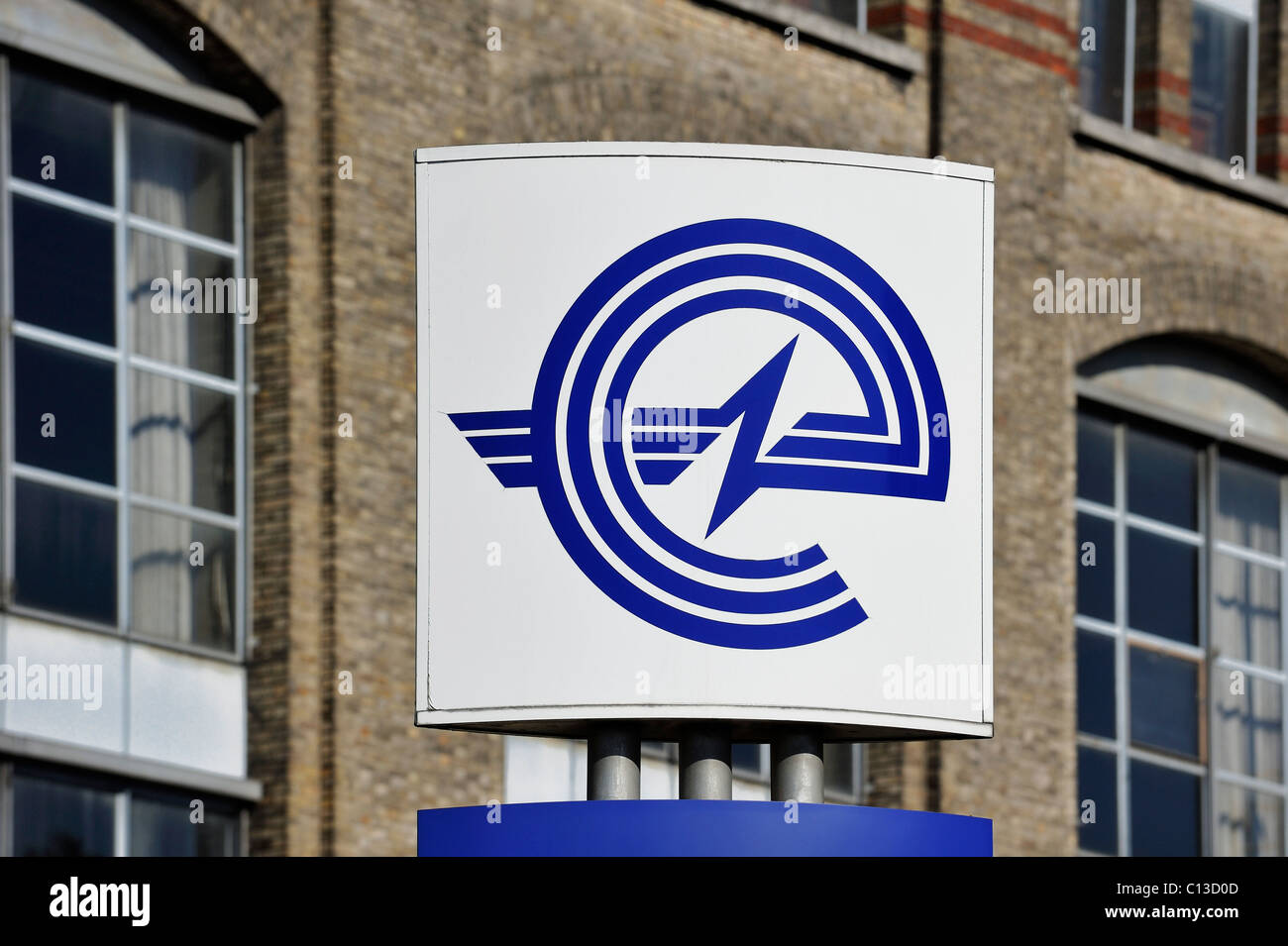 Cartello con il logo della energy corporation Electrabel, Gand, Belgio Foto Stock