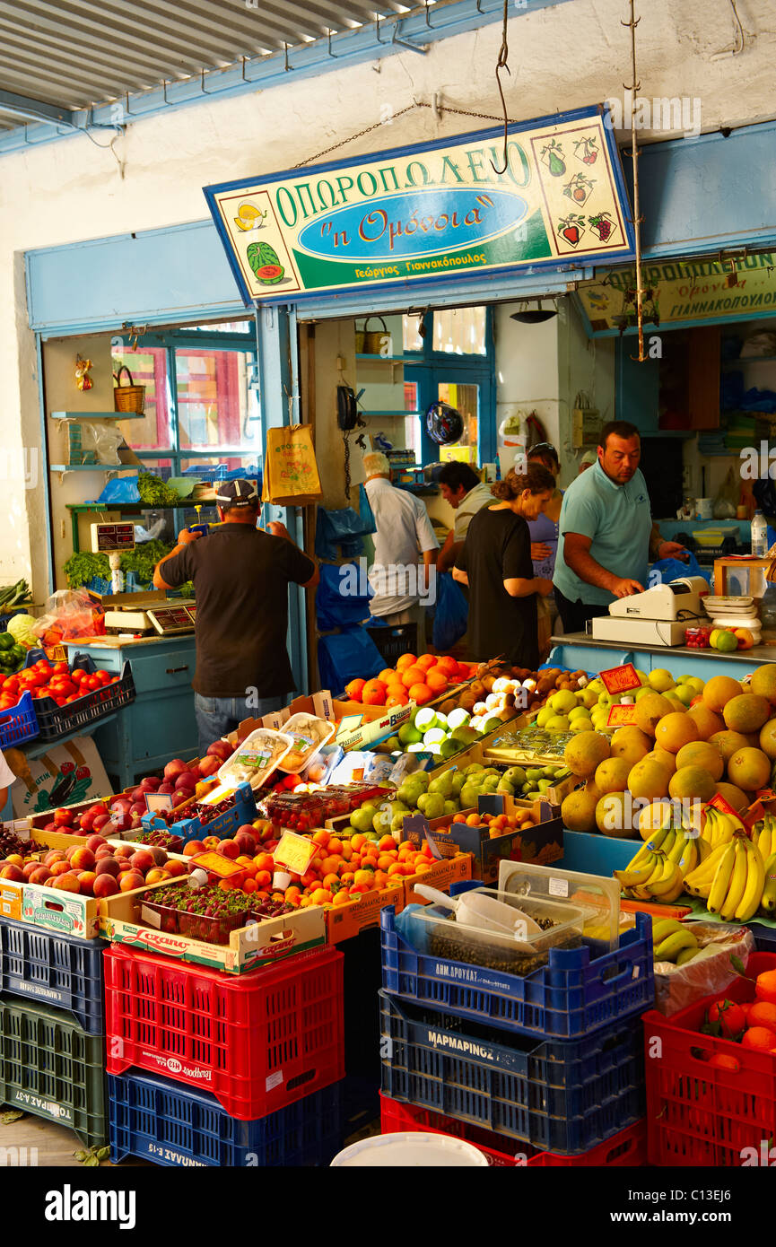 Il mercato alimentare, Ermoupolis, Syros Island Σύρος [ ] , greco isole Cicladi Foto Stock