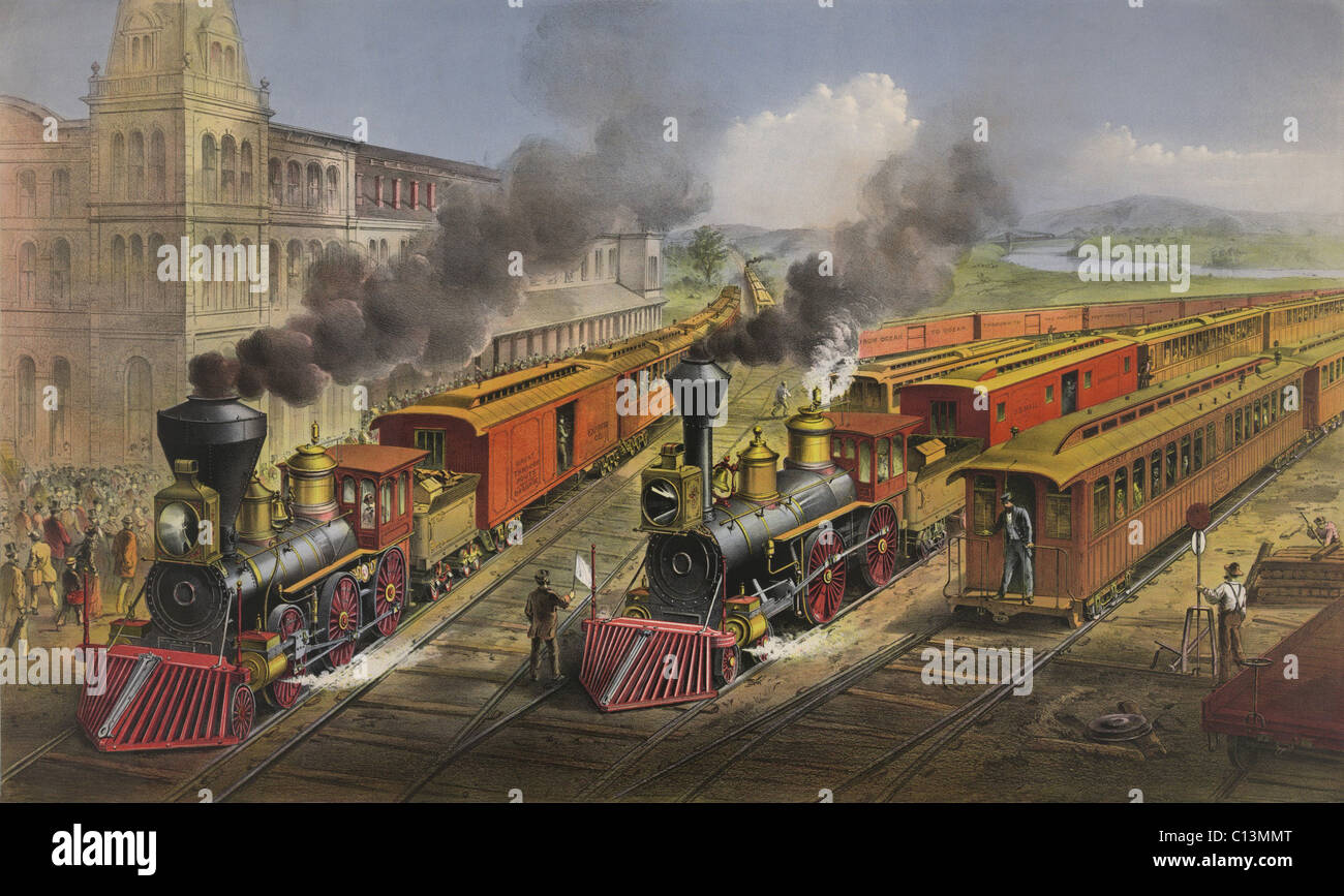 American railroad scena mostra un fulmine Express treni in partenza dalla giunzione nel 1874. LC-DIG-PGA-00601 Foto Stock