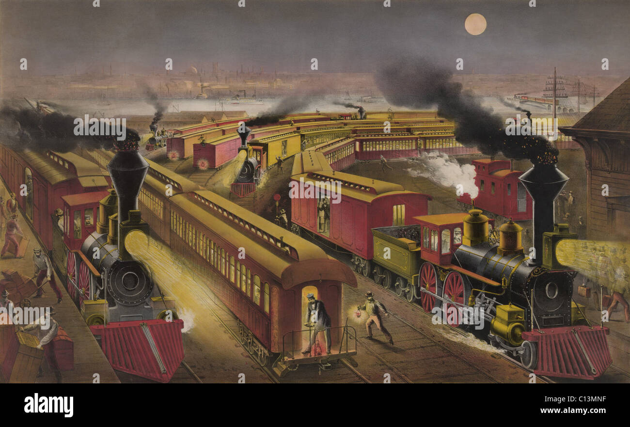Notte di scena a un americano nodo ferroviario nel 1876. Tre treni di Lightning Express Mail volanti e Owl i treni sono in multi-via stazione. LC-DIG-PGA-00843 Foto Stock