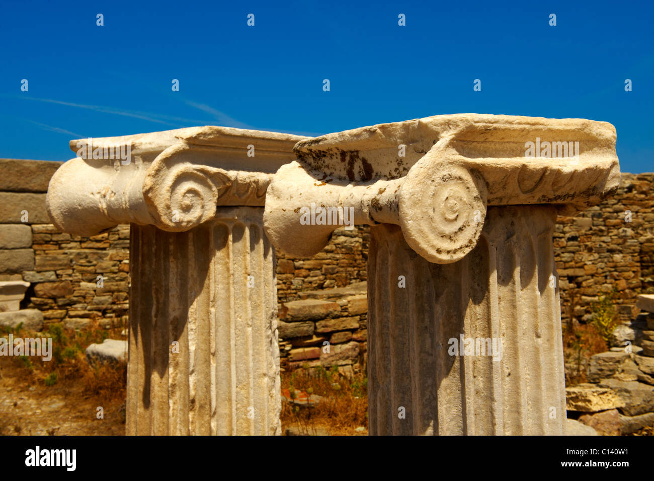 Ionico greco capitale colonna isola di Delos , Grecia Foto Stock