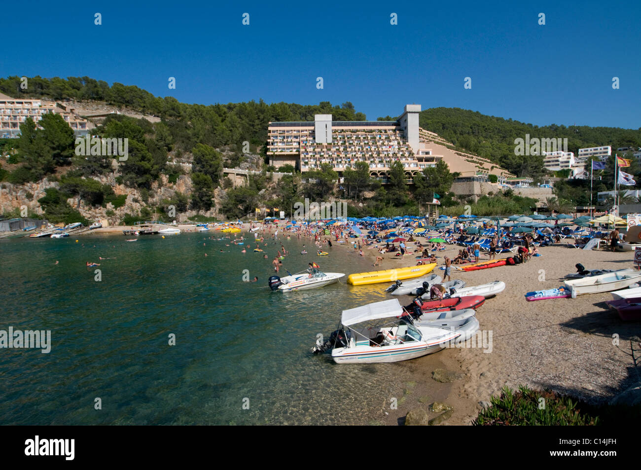 Spiaggia di Puerto San Miguel, Ibiza, Isole Baleari, Spagna Foto Stock
