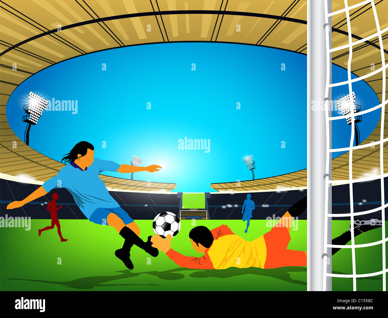 Illustrazione di una partita di calcio in una piscina stadium. Blue team player sta avendo un colpo all'obiettivo. Foto Stock