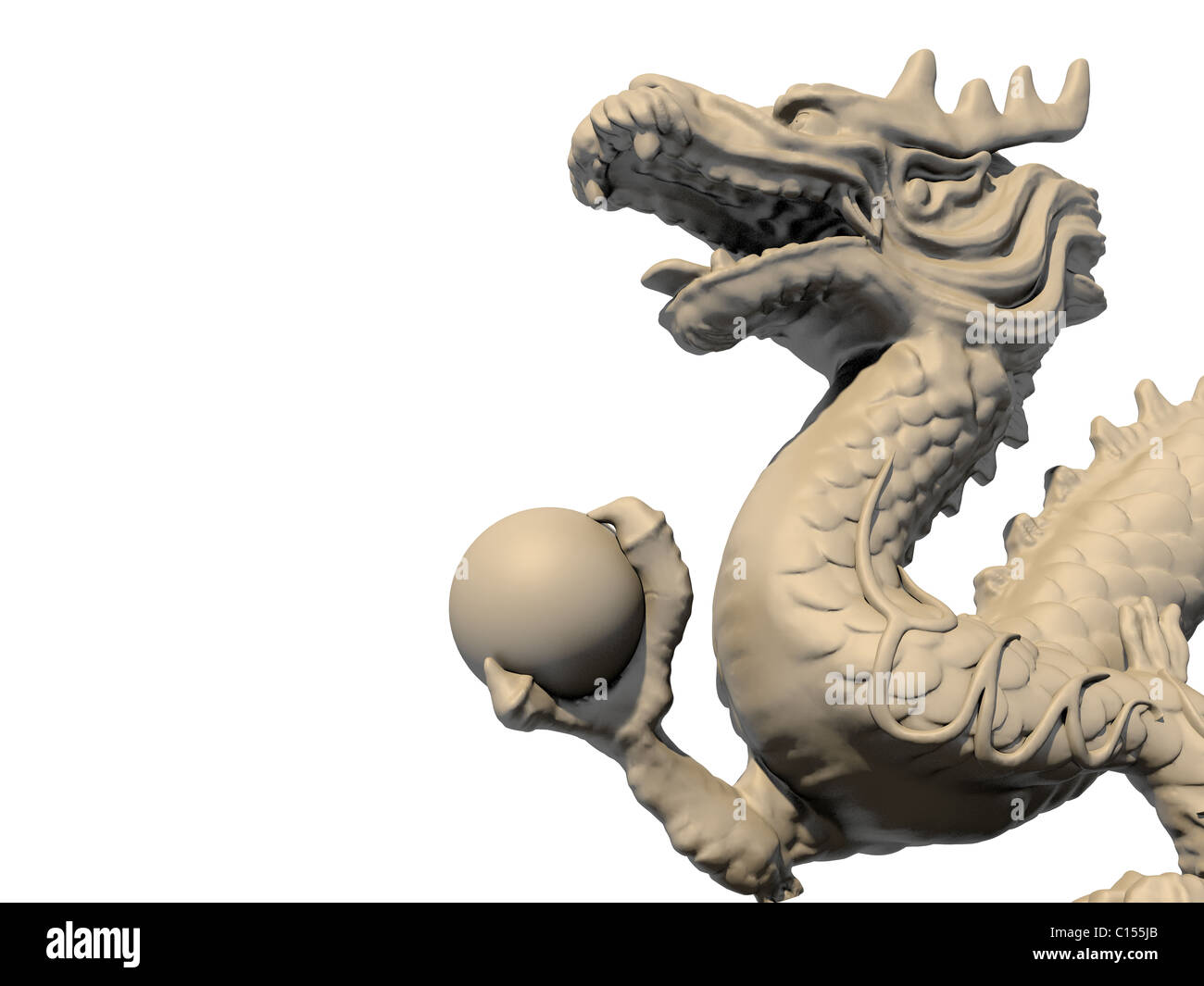 Cinese bianca statua del drago tenendo la palla con i suoi artigli, isolata contro uno sfondo bianco. Vista ravvicinata immagine 3D. Foto Stock