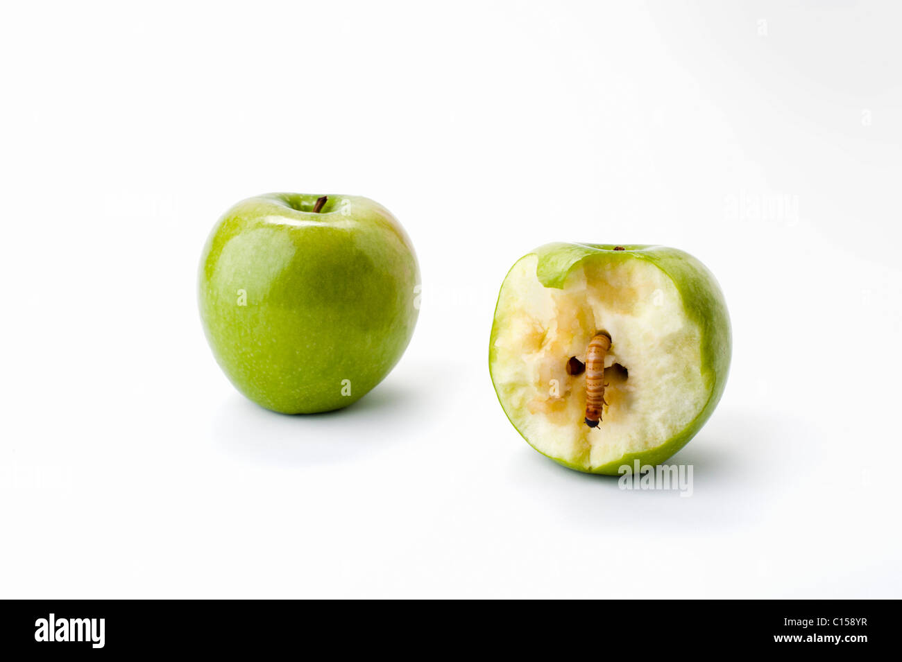 Due mele verdi, una metà mangiato con un worm strisciando fuori del centro. Foto Stock