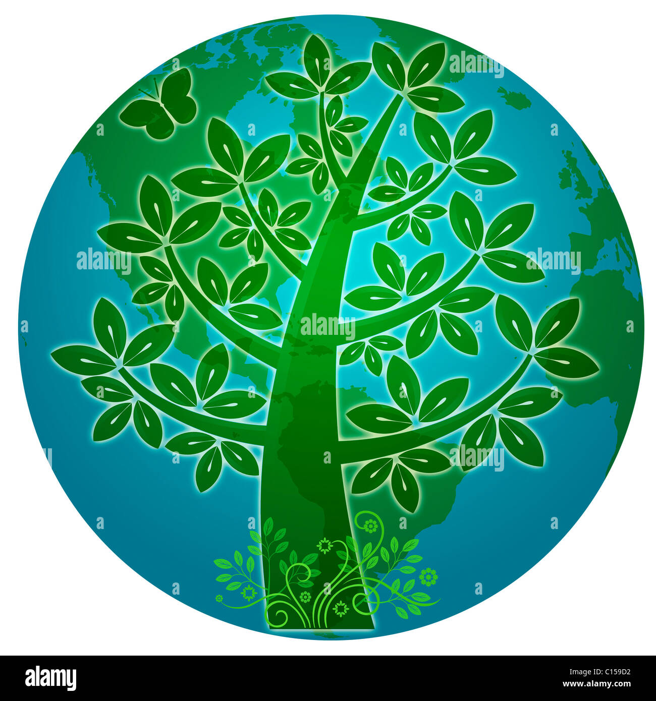 Pianeta Blu con Abstract Eco Tree illustrazione Silhouette Foto Stock