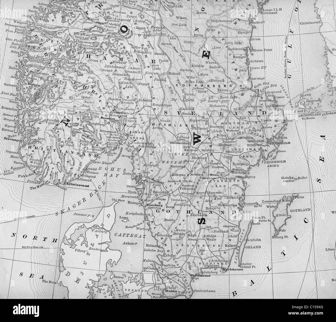 Mappa vecchia di Svezia originali dalla geografia textbook, 1884 Foto Stock