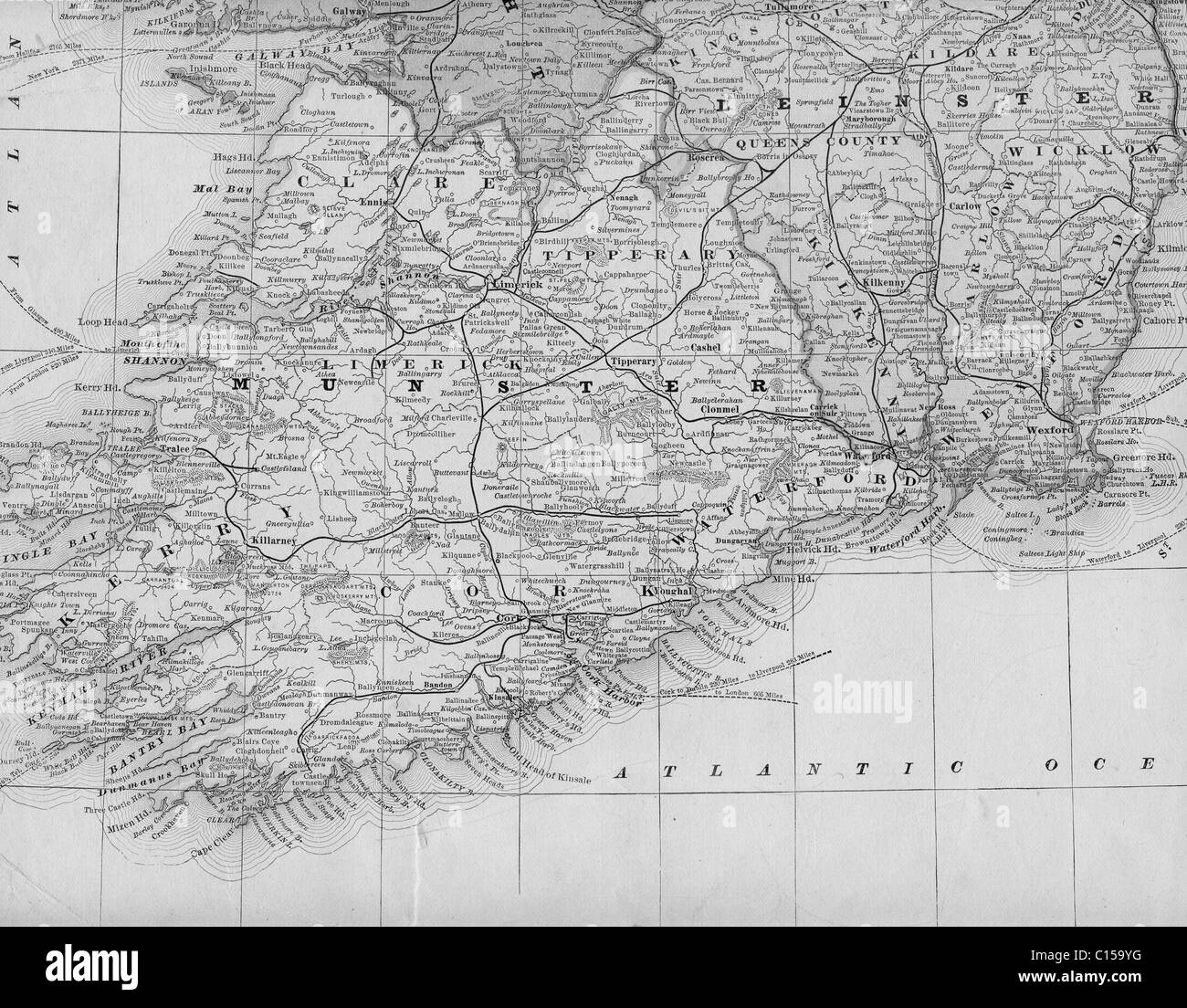 Vecchia cartina del Sud Irlanda originali dalla geografia textbook, 1884 Foto Stock