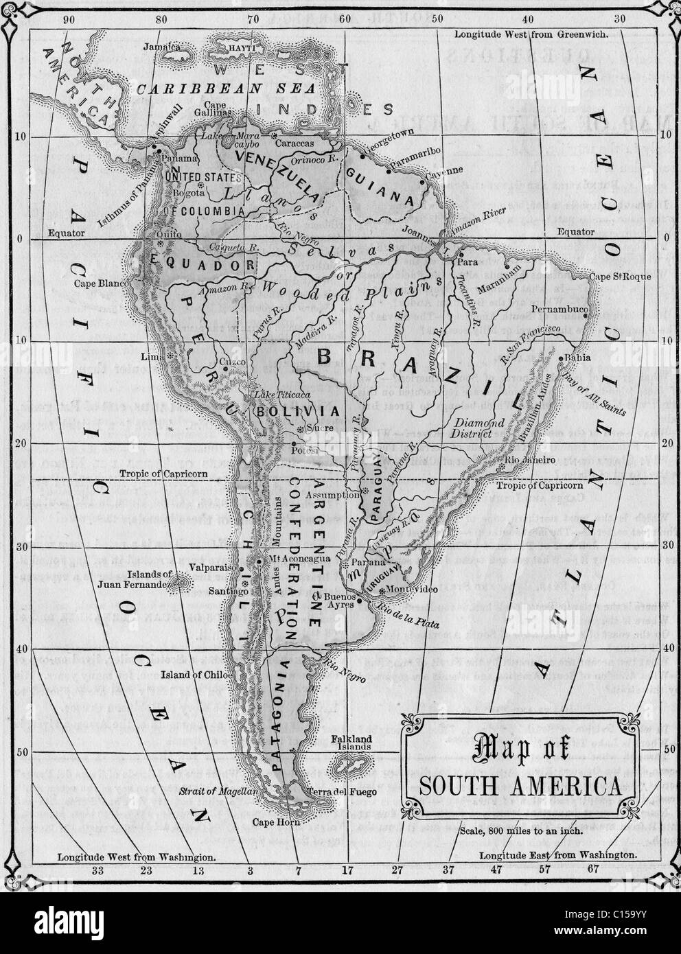 Vecchia Mappa di Sud America originali dalla geografia textbook, 1884 Foto Stock