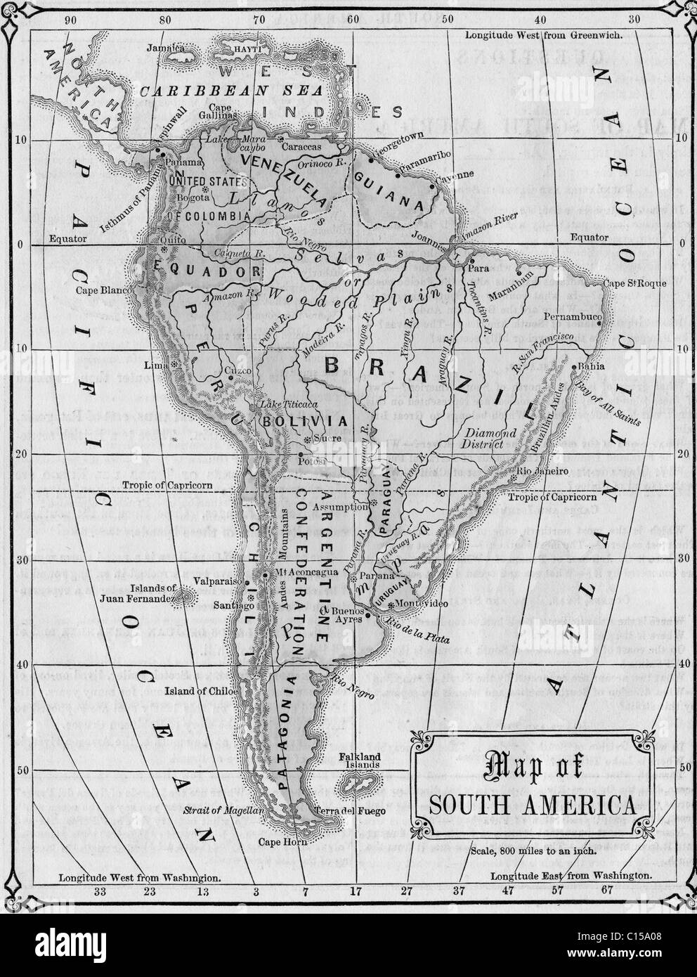 Vecchia Mappa di Sud America originali dalla geografia textbook, 1865 Foto Stock