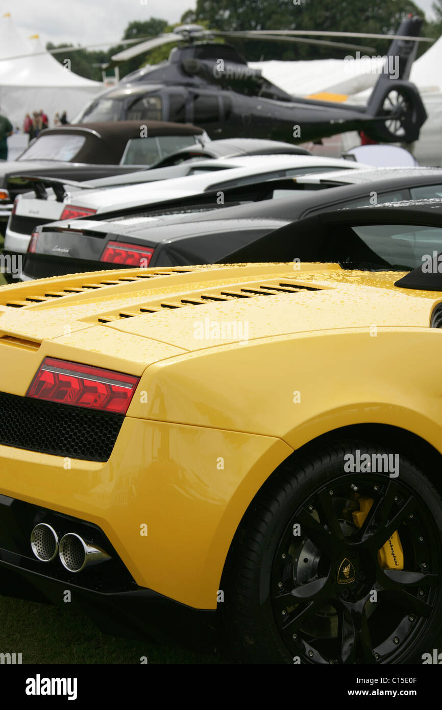 Cholmondeley Castle Gardens. Classic vintage e nuovi veicoli di lusso per la vendita all'interno del Paddock arena presso il corteo di potenza. Foto Stock