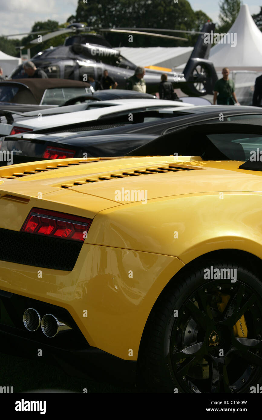 Cholmondeley Castle Gardens. Classic vintage e nuovi veicoli di lusso per la vendita all'interno del Paddock arena presso il corteo di potenza. Foto Stock