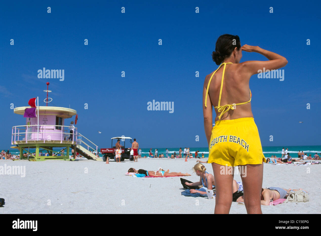 Spiaggia di South Beach a Miami Beach, Miami, Florida, Stati Uniti d'America Foto Stock
