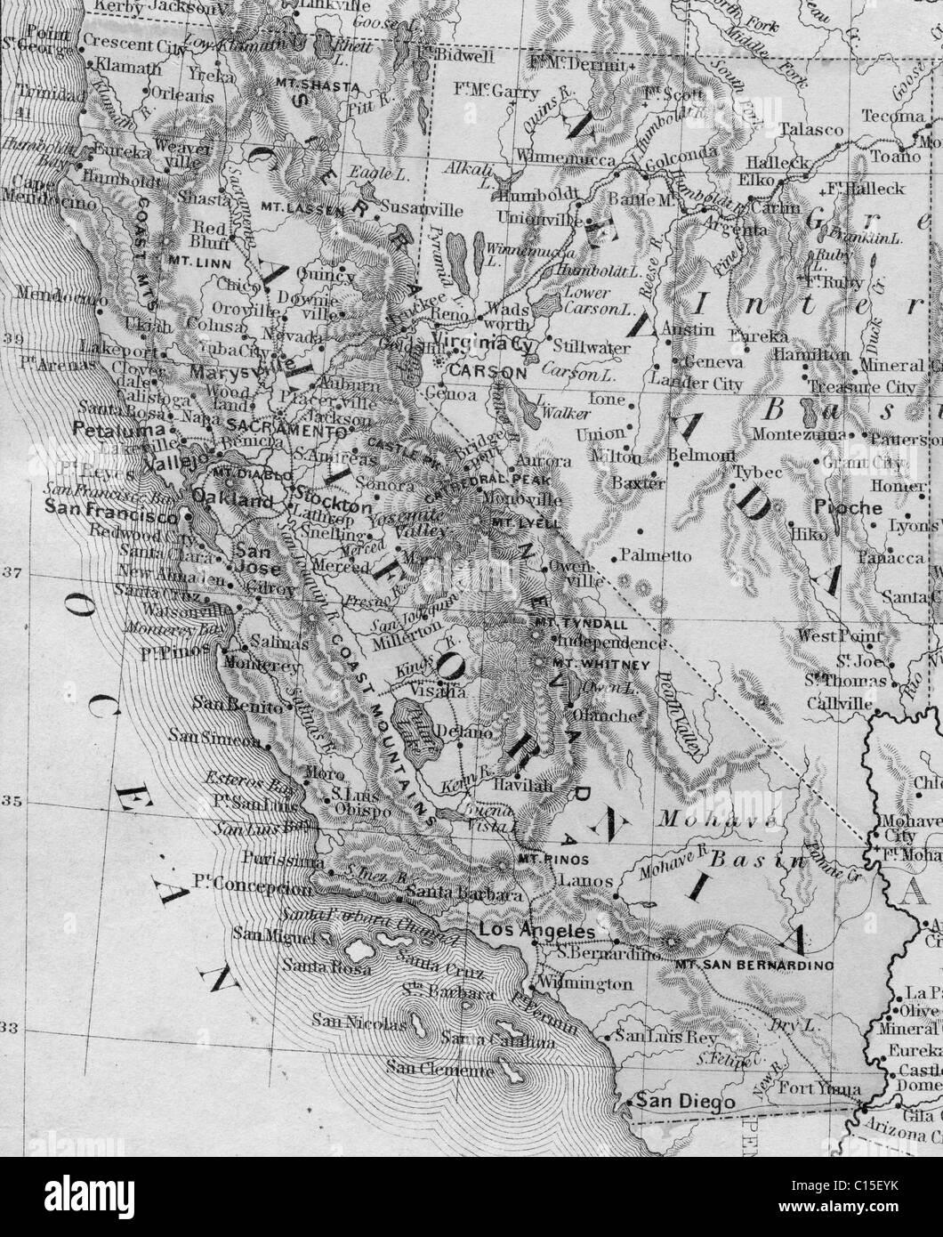 Mappa vecchia della California e Nevada originali dalla geografia textbook, 1884 Foto Stock