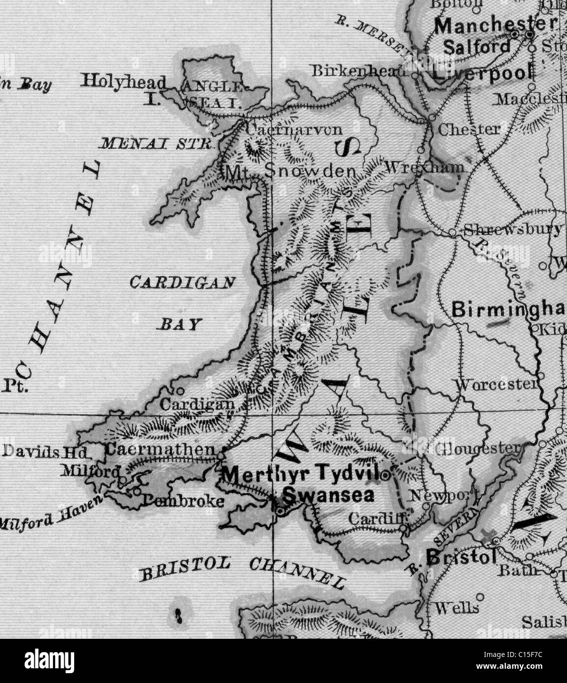 Mappa vecchia del Galles originali dalla geografia textbook, 1865 Foto Stock