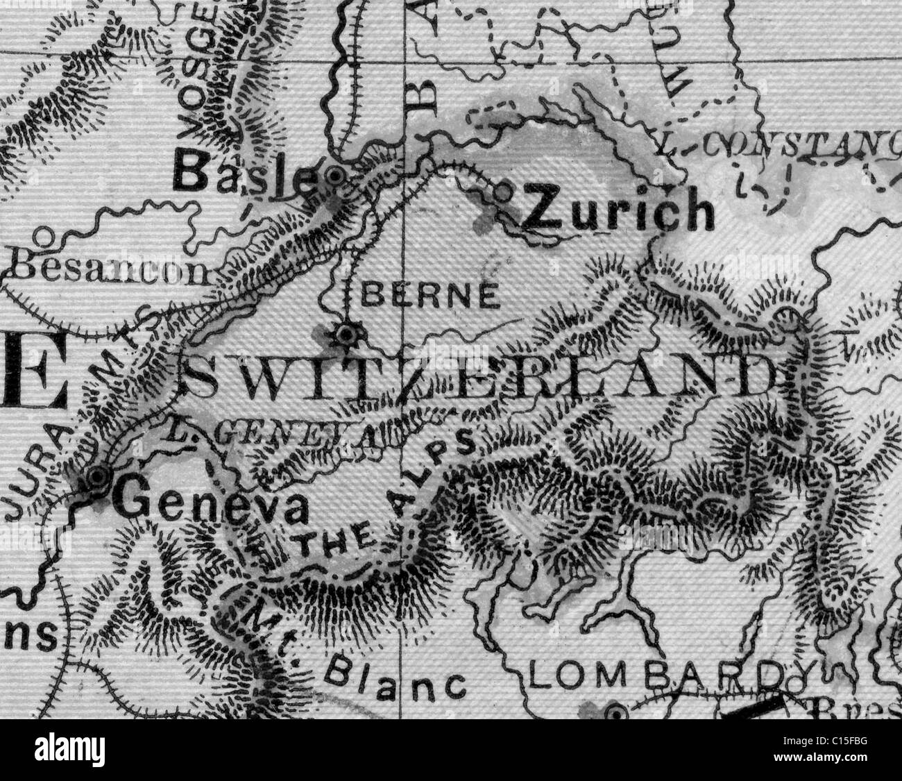 Vecchia cartina della Svizzera dalla geografia originale textbook, 1865 Foto Stock