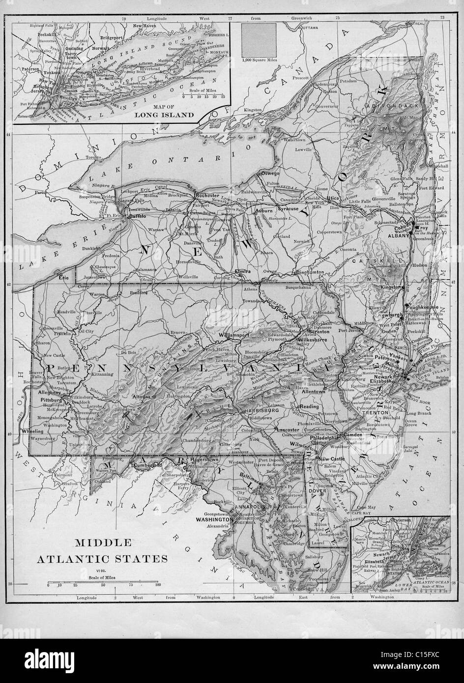Mappa vecchia di Mid-Atlantic membri originali dalla geografia textbook, 1884 Foto Stock