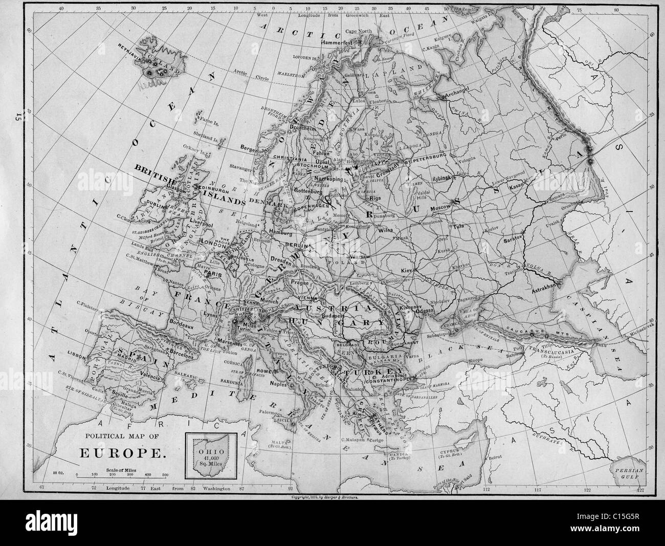 Mappa vecchia d'Europa originali dalla geografia textbook, 1884 Foto Stock