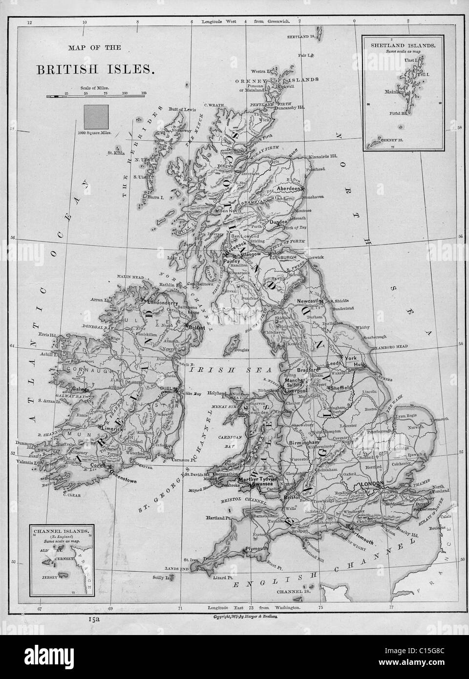 Mappa vecchia delle Isole Britanniche originali dalla geografia textbook, 1884 Foto Stock