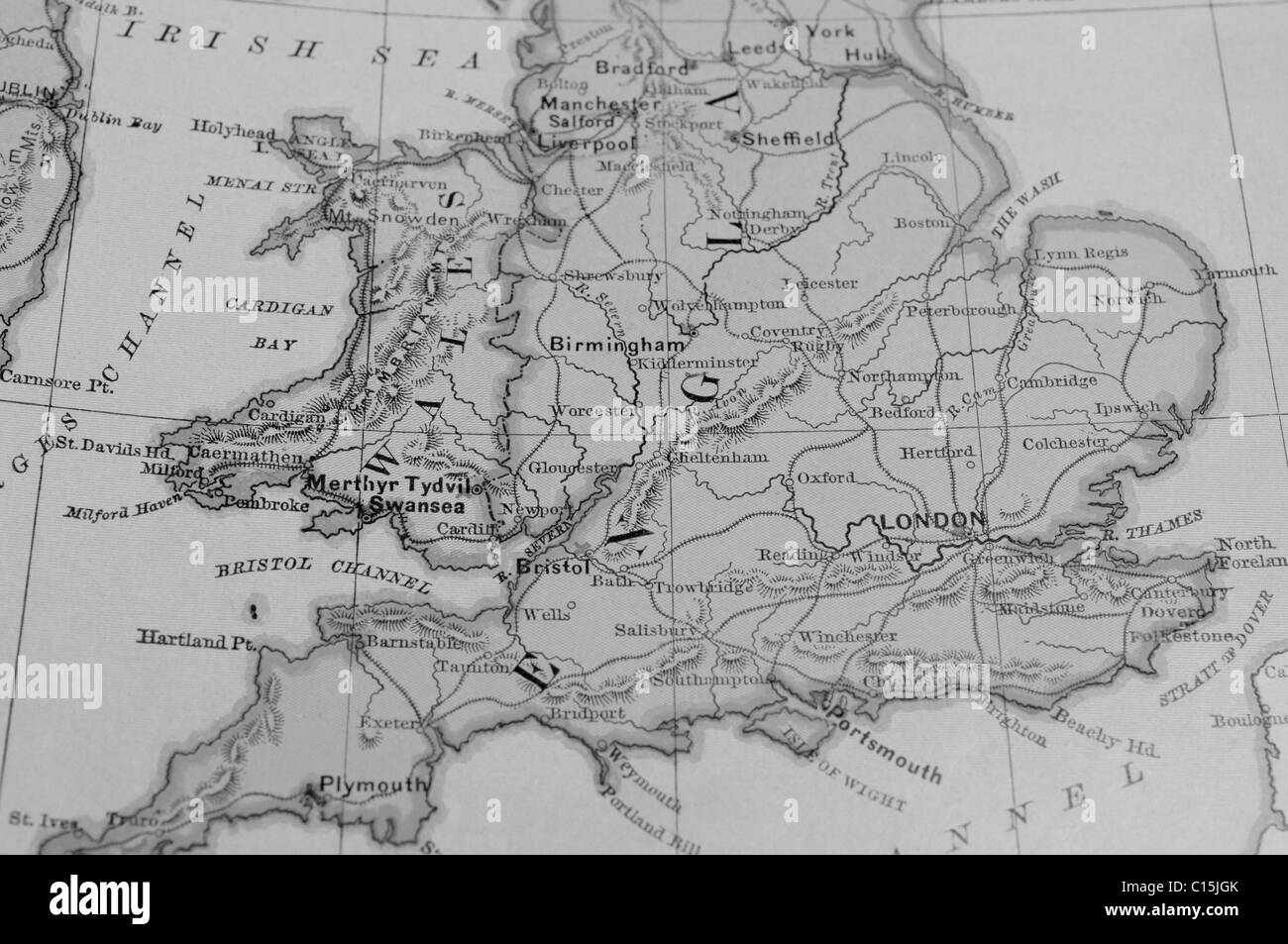 Mappa vecchia di Inghilterra originali dalla geografia textbook, 1884 Foto Stock