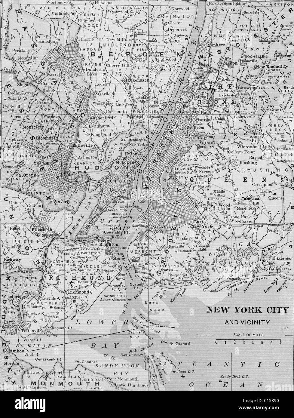 Mappa vecchia di New York City dalla geografia originale textbook, 1903 Foto Stock