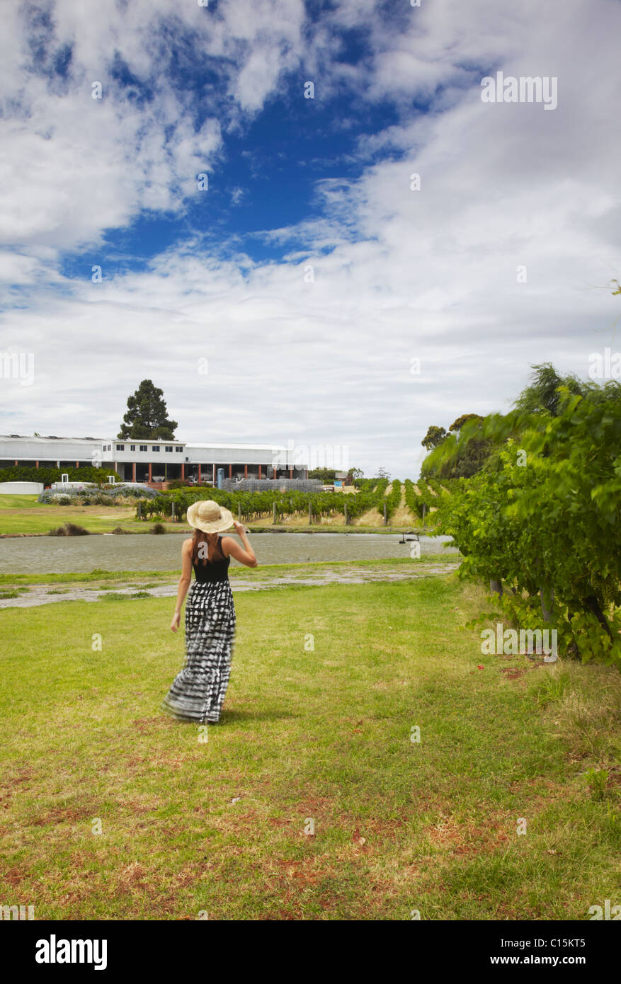 Donna che cammina nel terreno a Sandalford Cantina, Swan Valley, Perth, Australia occidentale, Australia Foto Stock