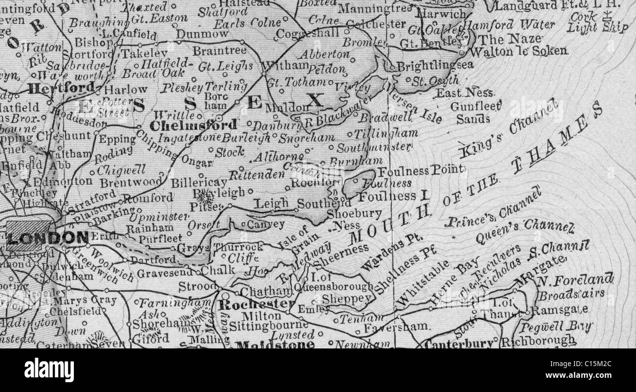 Mappa vecchia di bocca del Tamigi originali dalla geografia textbook, 1884 Foto Stock