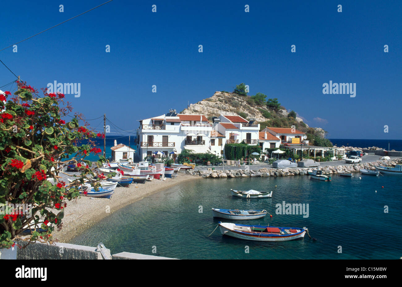 Kokkari Harbour, Samos Island, Grecia, Europa Foto Stock