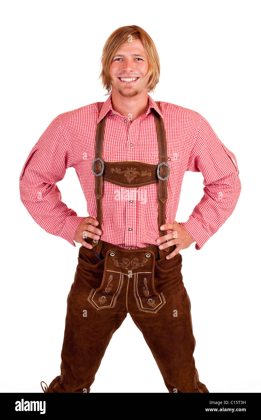 Felice orgoglioso uomo con Oktoberfest pantaloni di cuoio (lederhose) Foto Stock