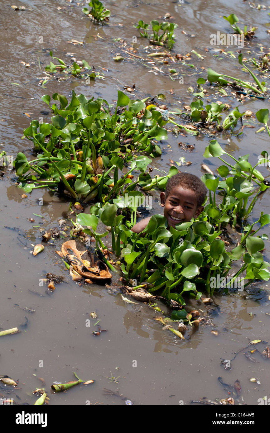 Ragazzo malgascio aiutare raccogliere introdotto invasiva e giacinto di acqua (Eichhornia crasspipes). Madagascar. Foto Stock