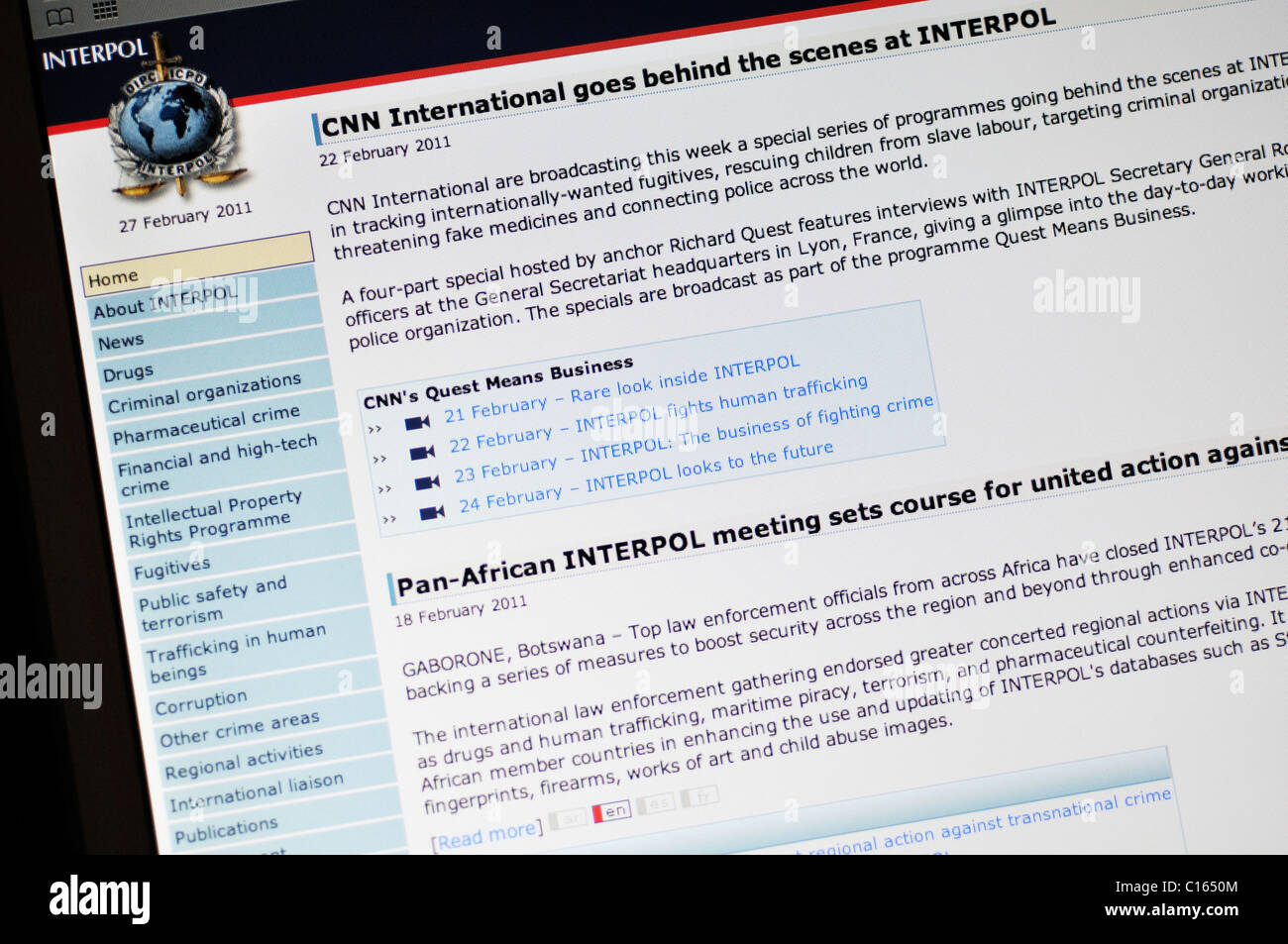 Sito web di Interpol Foto Stock