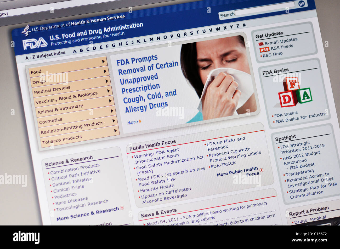 Il sito Web FDA - US Food and Safety Administration Foto Stock