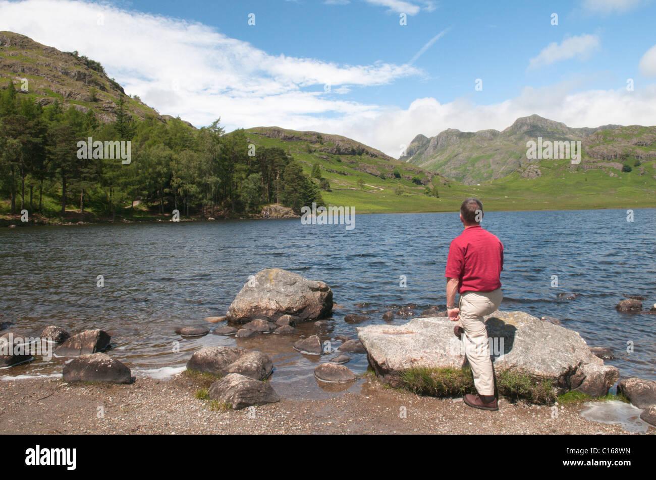 Blea Tarn, Langdale Pikes sotto wispy basse nubi. Cumbria, Regno Unito. Giugno. Il Lake District Foto Stock