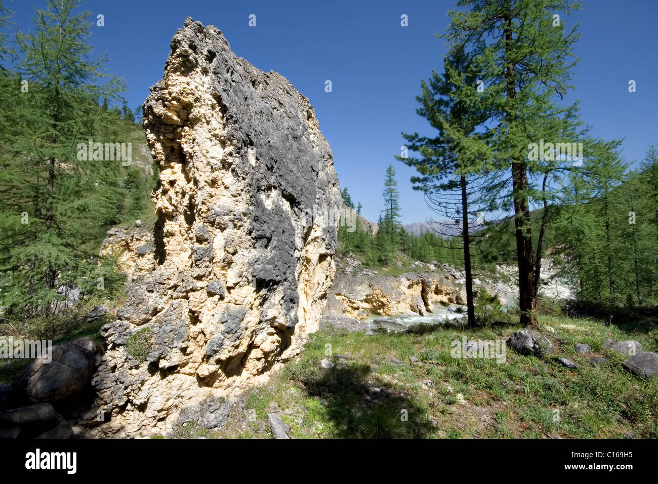 Rock in Siberia foresta. Tunkinskie Goltsy. Oriente Sayan montagne. Repubblica dei Buriati. La Russia. Foto Stock