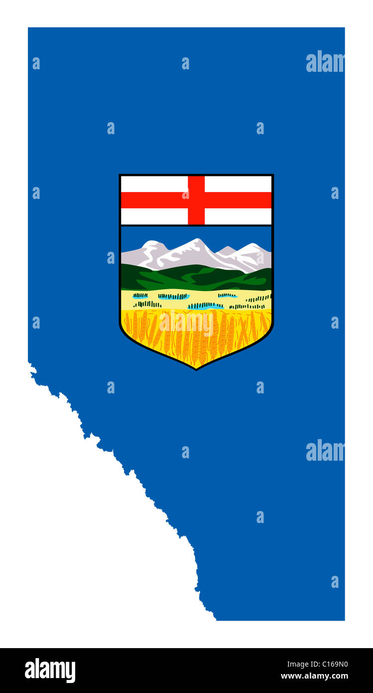 Alberta flag sulla mappa della provincia, isolato su sfondo bianco, Canada. Foto Stock