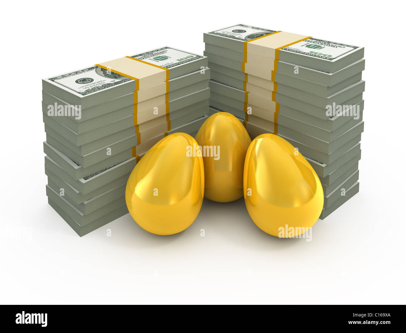 Dollaro di pile e golden uova isolato su bianco Foto Stock
