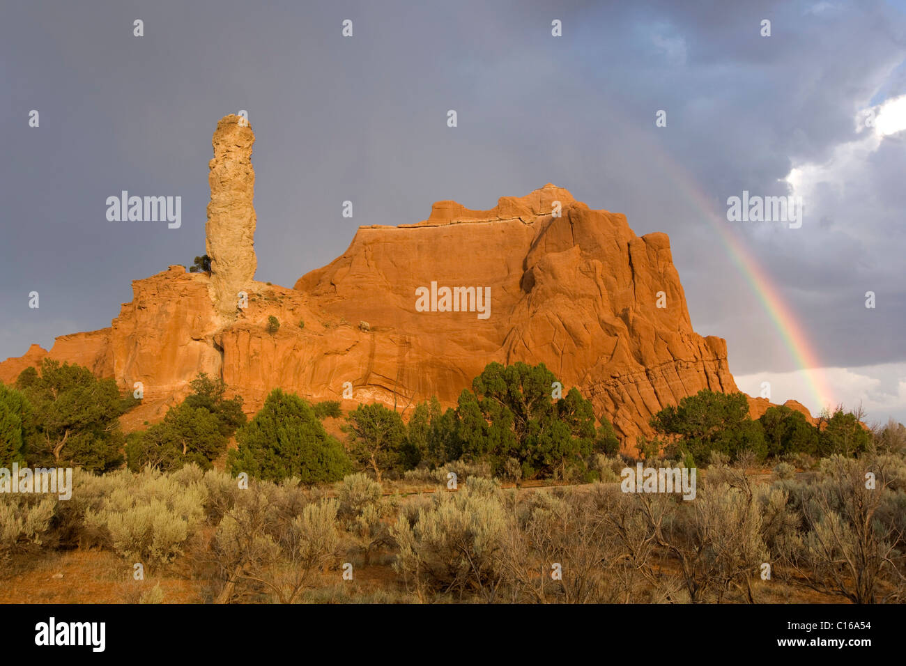 Clima burrascoso e un arcobaleno al di sopra del dito di roccia Kodachrome Basin Parco Statale, Utah, USA, America del Nord Foto Stock