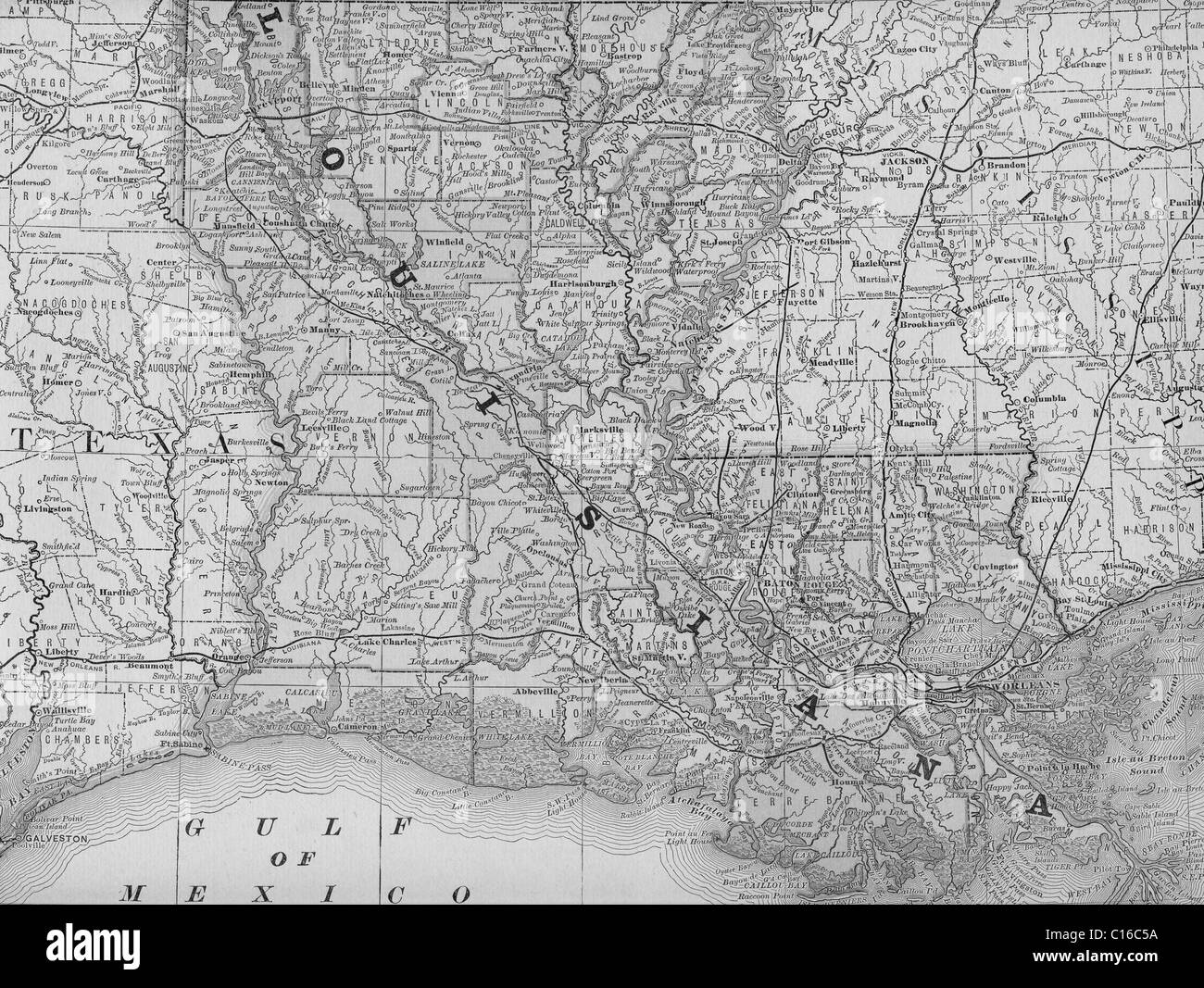 Mappa vecchia della Louisiana originali dalla geografia textbook, 1884 Foto Stock