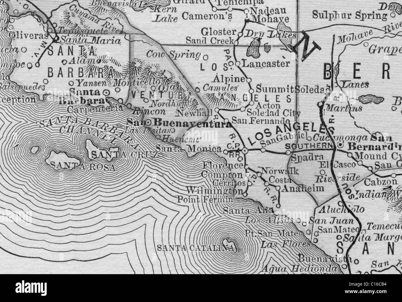 Vecchia mappa di Los Angeles originali dalla geografia textbook, 1884 Foto Stock