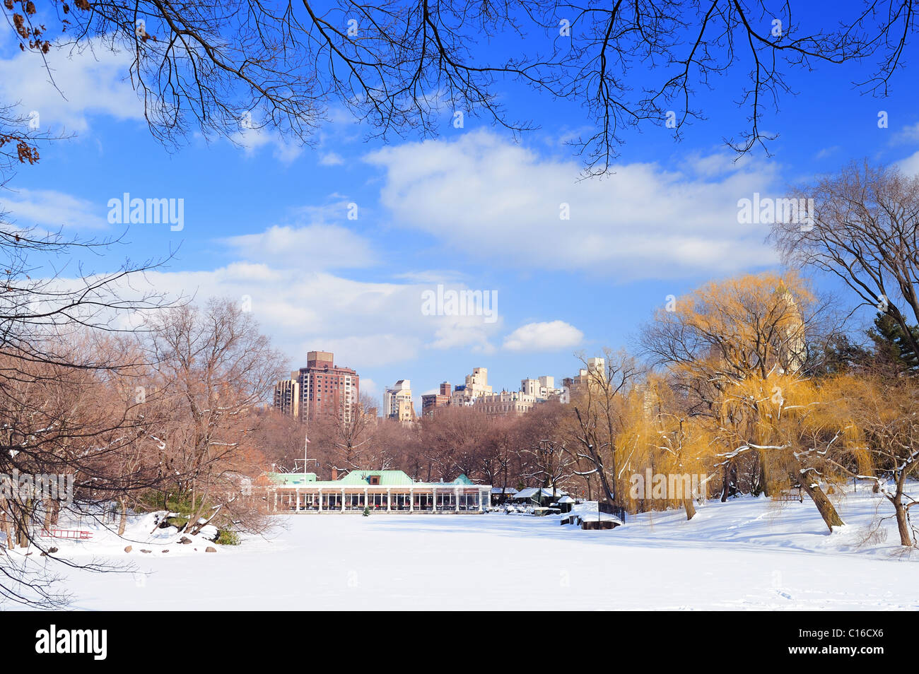 New York City Manhattan Central Park panorama in inverno con ghiaccio e neve sul lago con grattacieli e blu cielo soleggiato al crepuscolo. Foto Stock