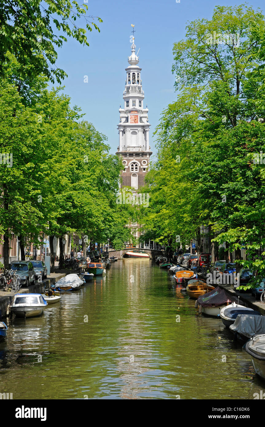 Zuiderkerk, chiesa, canal, barche, Amsterdam, Olanda, Paesi Bassi, Europa Foto Stock