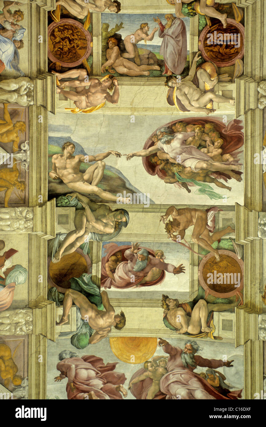 Cappella Sistina, soffitto affrescato di Michelangelo Buonarroti, creazione di Adamo, Vaticano, Roma, Lazio, l'Italia, Europa Foto Stock