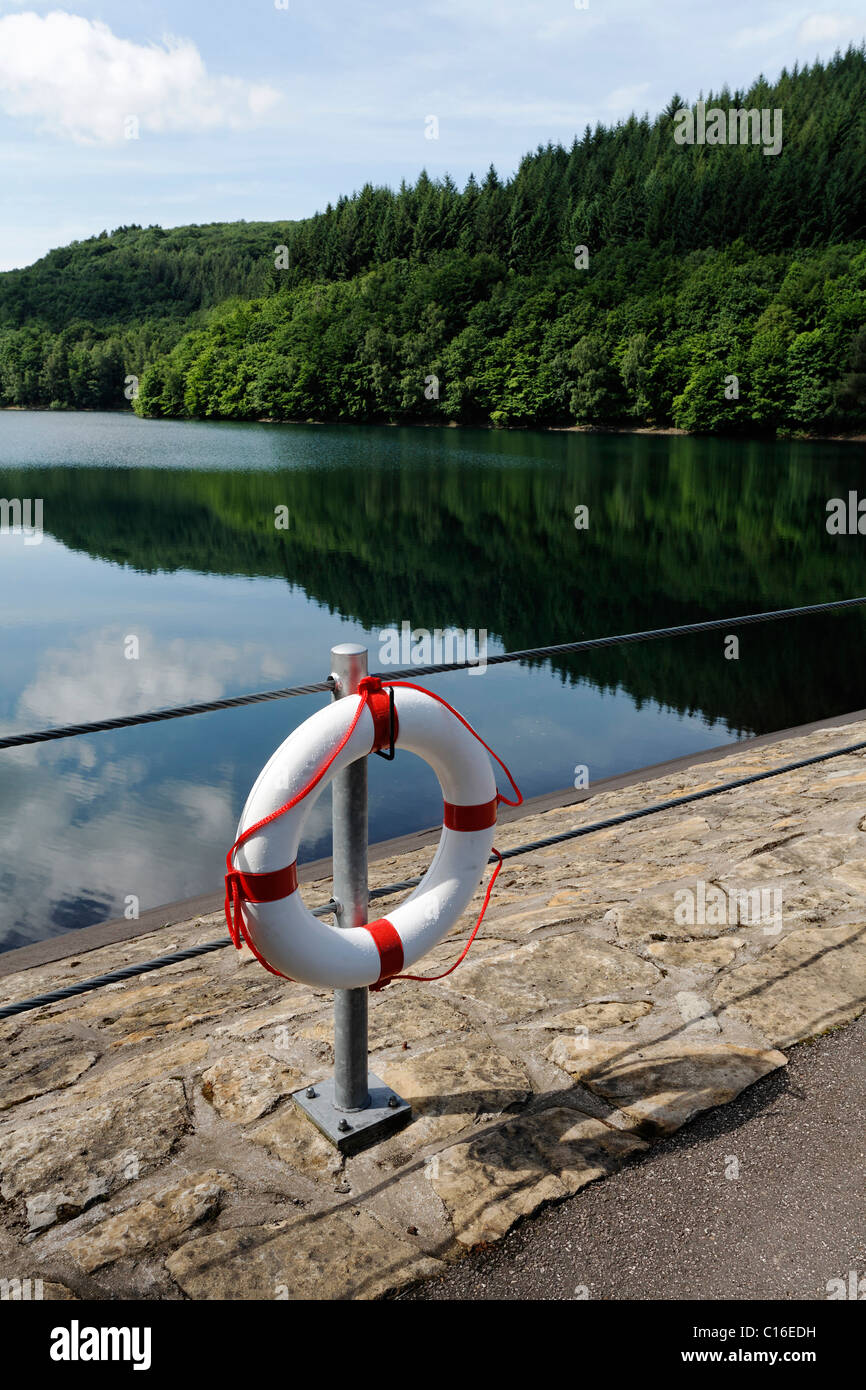 Salvagente di fronte alla diga Riveristalsperre che fornisce acqua potabile per Trier, Renania-Palatinato, Germania, Europa Foto Stock