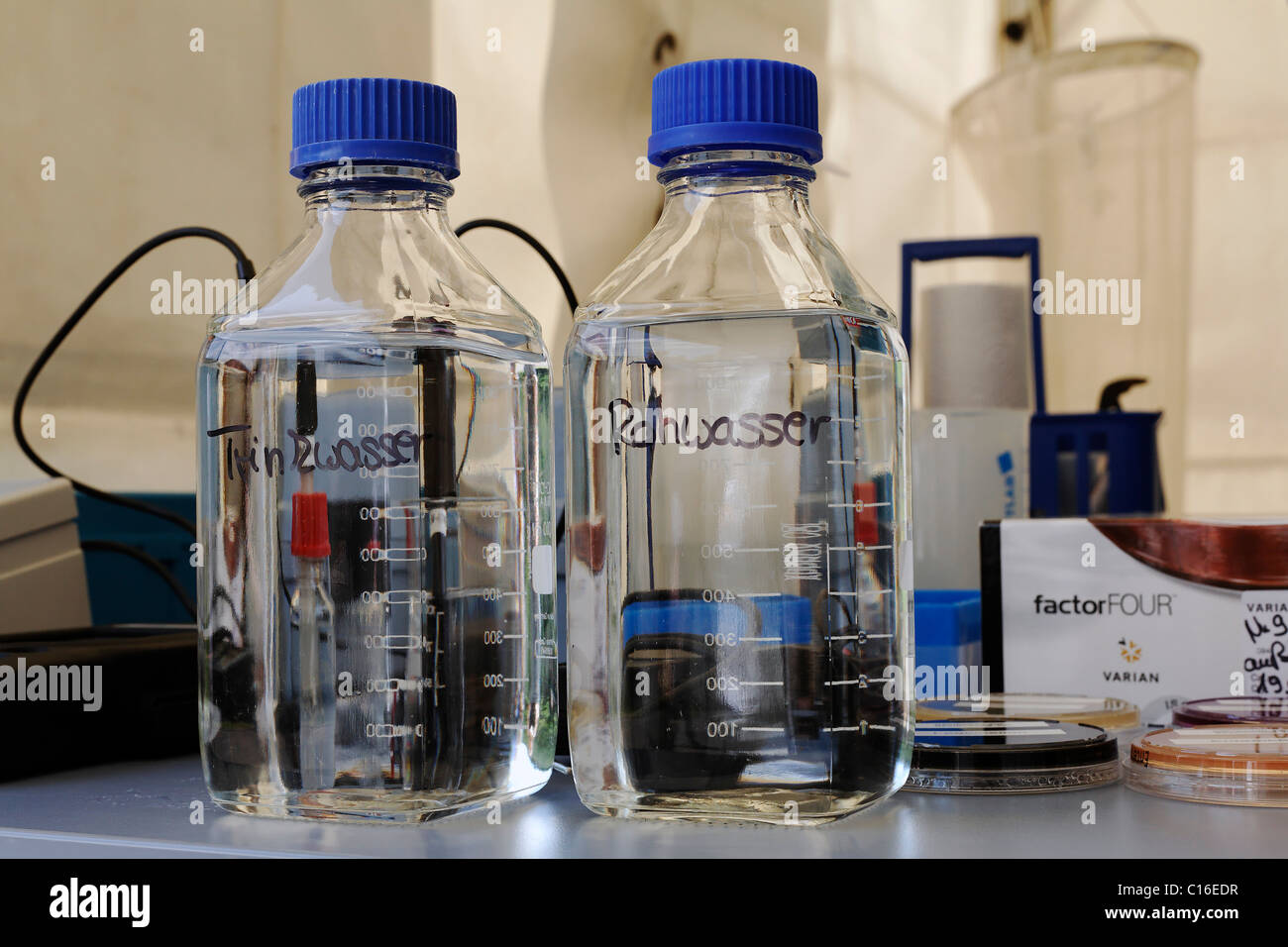 Bottiglie di plastica con acqua non trattata e acqua potabile su un tavolo di laboratorio presso le aziende municipalizzate Trier public utilities acqua Foto Stock