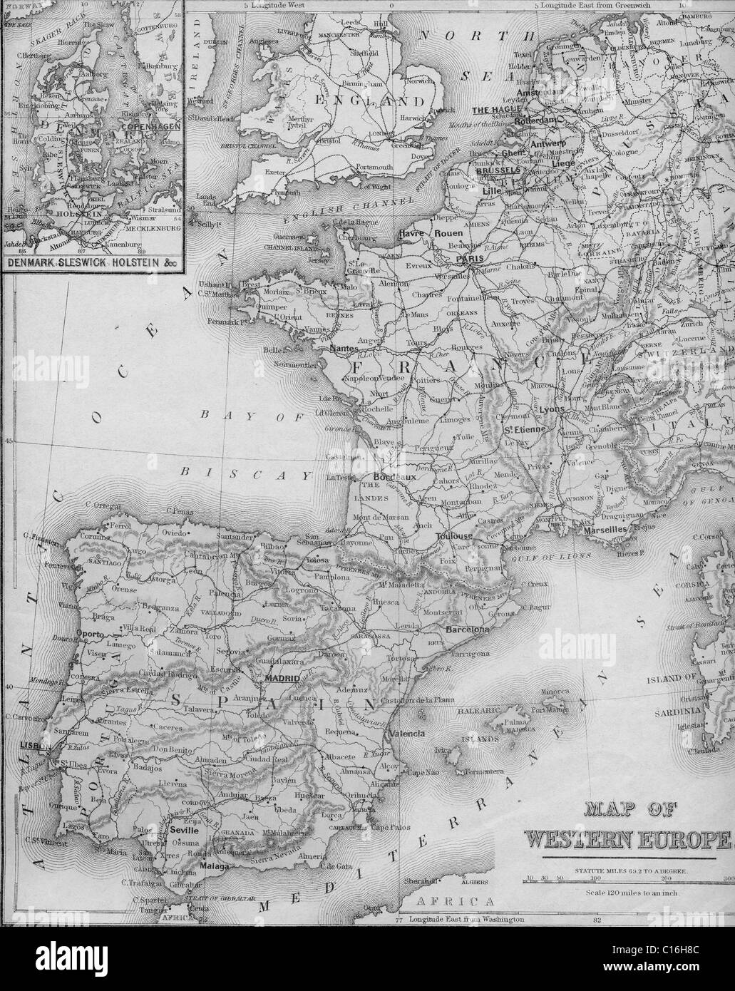 Mappa vecchia dell Europa occidentale dalla geografia originale textbook, 1879 Foto Stock