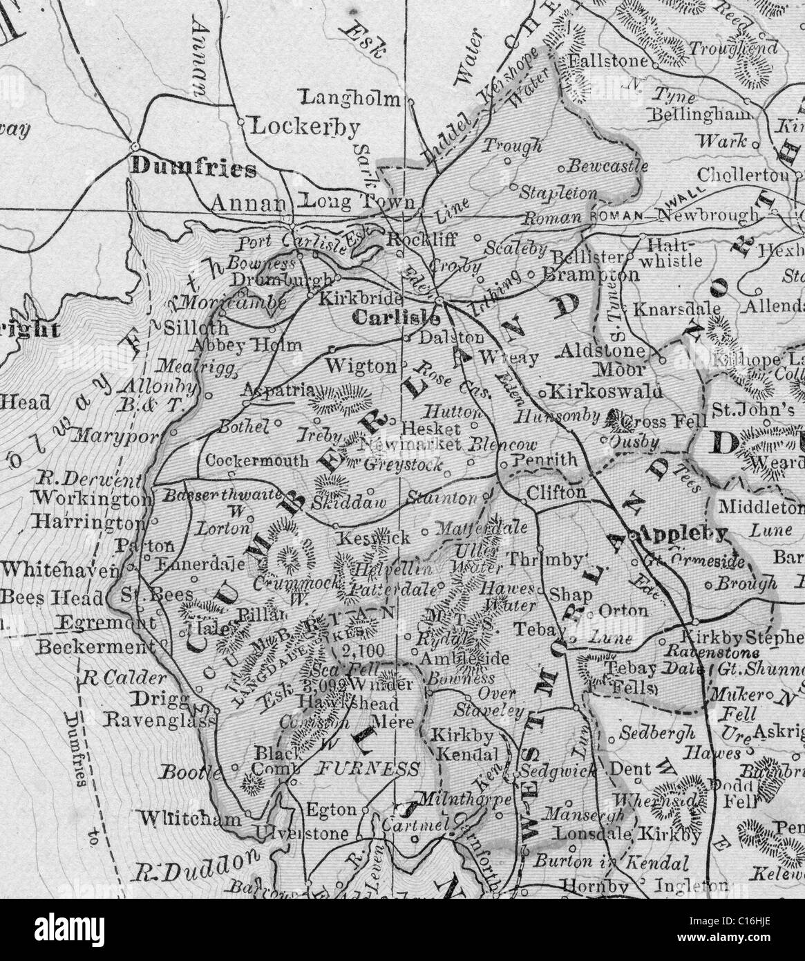 Mappa vecchia di Cumberland e Westmoreland originali dalla geografia