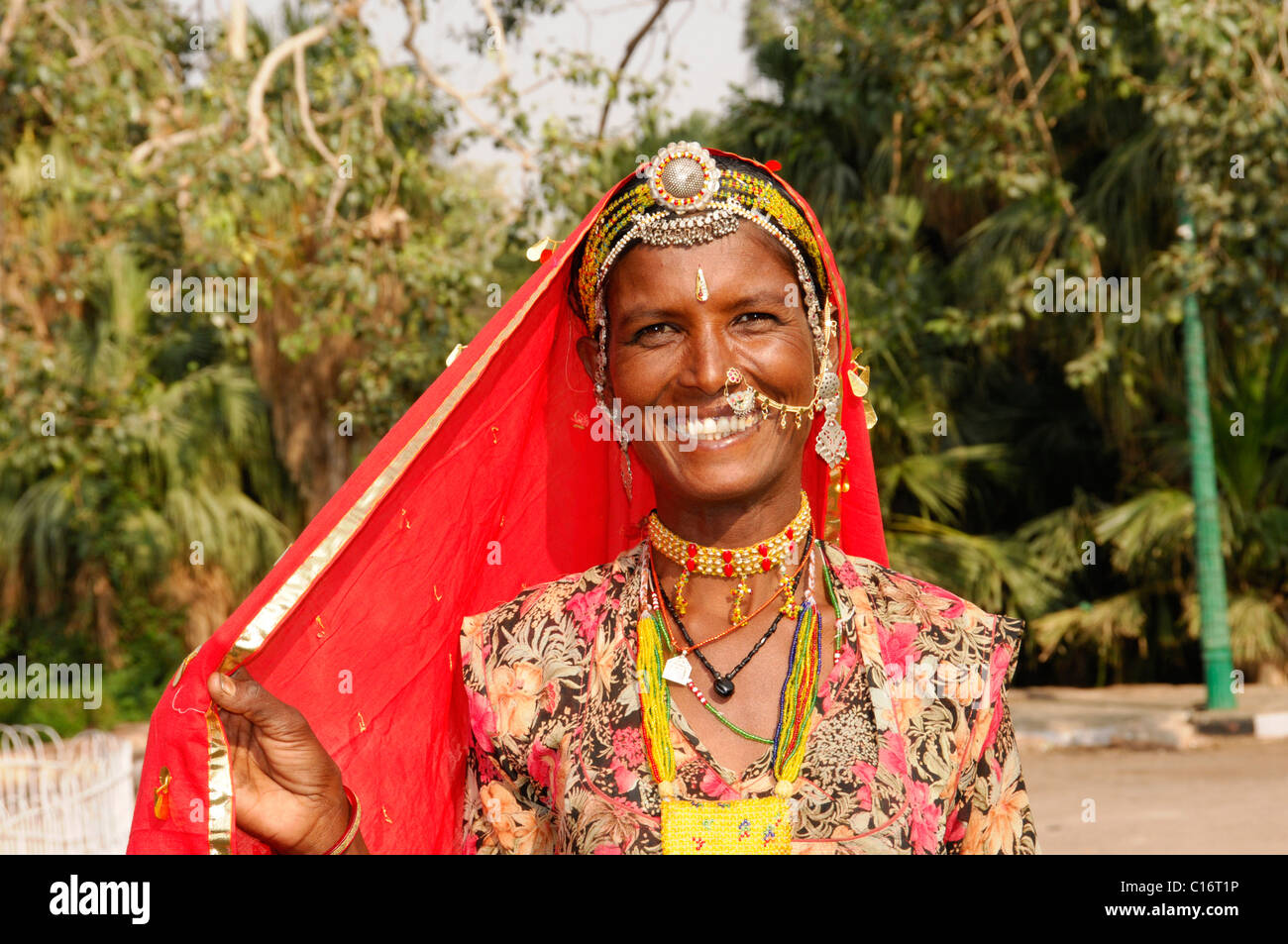 Ritratto di una donna Indiana indossando il costume regionale, con gioielli, nel parco di Jodhpur, Rajasthan, India del Nord, Asia Foto Stock
